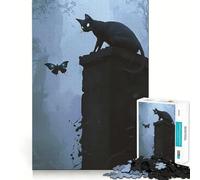 Rompecabezas de 1000 Piezas Observador de lo Desconocido Gato Negro y Mariposa para Adultos Juguete para ejercitar la Mente Juego de Interior Pieza de Arte de Corte preciso (50x75cm)