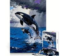 Rompecabezas de 1000 Piezas Orcas Saltando del océano para Adultos, Juguete para ejercitar la Mente, Ideal para Jugar en Interiores Obra de Arte de Corte preciso (38x26cm)