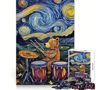 Rompecabezas de 1000 Piezas Oso Tocando la batería bajo una Noche Estrellada: Pensamiento Claro, pasatiempo Tranquilo, Bordes precisos, Sorpresa Festiva (38x52cm)