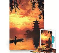 Rompecabezas de 1000 Piezas Pagoda al Atardecer y Pescador para Adolescentes Juego Inteligente para Relajarse y armar Patrones Lista de Deseos de Papá Noel 50x75cm