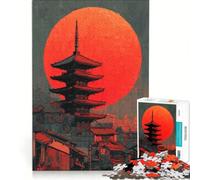 Rompecabezas de 1000 Piezas: Pagoda Japonesa con Sol Rojo, Juego Imposible, Actividades Divertidas para Hacer en casa, colección de Artistas, Bellas Artes 38x52cm