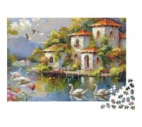 Rompecabezas de 1000 Piezas: Paisaje de Villa Rural, Casas Junto al Lago con cisnes. Juego Educativo para Adultos. Decoración del hogar. Difícil y desafiante. Regalo de cumpleaños. 70x50cm