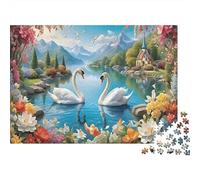 Rompecabezas de 1000 Piezas Paisaje del Lago de los Cisnes con Dos cisnes en un Lago Alpino. Juego Educativo para Adultos. Decoración para el hogar. Desafío de Regalo 70x50cm.