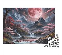 Rompecabezas de 1000 Piezas Paisaje Fantástico Luna Rosa con Cascada en la Montaña de la Luna Roja. Juego Educativo para Adultos. Hermoso desafío Decorativo. Alta dificultad. 70x50cm