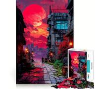 Rompecabezas de 1000 Piezas Paisaje Urbano con Luna roja para Adultos Juego Mental Pasatiempo en casa Bordes limpios Un Regalo Encantador (38x26cm)