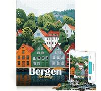 Rompecabezas de 1000 Piezas - Paisaje Urbano de Bergen,Noruega Decoración de Bordes limpios Juguete para Entrenar el Pensamiento Divertido Juego de cumpleaños Regalo Ideal (50x75cm)