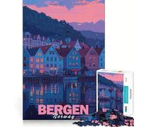 Rompecabezas de 1000 Piezas - Paisaje Urbano de Bergen,Noruega Decoración de Bordes limpios Juguete para Entrenar el Pensamiento Divertido Juego de cumpleaños Regalo Ideal (38x52cm)