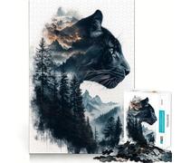 Rompecabezas de 1000 Piezas Pantera Negra Montaña Doble Exposición Arte de Corte Exacto,Actividad de Juego Inteligente,Tiempo de Juego Relajado,Regalo de Decoración de Cumpleaños 50x75cm