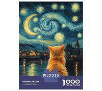 Rompecabezas De 1000 Piezas para Adolescentes Animal Cat Gazing at Starry Night Inspired Landscape Van Gogh Rompecabezas para Adultos Juegos Familiares Mejora La Memoria Cumpleaños Y