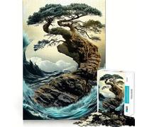 Rompecabezas de 1000 Piezas para Adolescentes Árbol bonsái en un acantilado con Olas Diseño de Corte preciso Juego Que estimula la Mente,Ideal para Relajarse o como decoración navideña 50x75cm