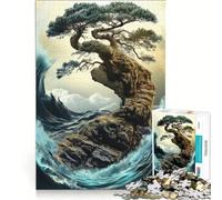 Rompecabezas de 1000 Piezas para Adolescentes: Árbol bonsái en un acantilado con Olas, Juego Familiar, decoración de Pared, para Fortalecer el Amor Entre Parejas 38x52cm