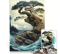 Rompecabezas de 1000 Piezas para Adolescentes: Árbol bonsái en un acantilado con Olas, Juguete para armar, Ideal para Relajarse y despejar la Mente, Decorar el Escritorio 50x75cm