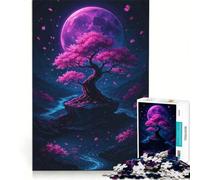 Rompecabezas de 1000 Piezas para Adolescentes Árbol de Cerezo Rosa bajo la Luna Juegos Divertidos Entrena tu Cerebro y Tus Manos Juego de desafío único 38x26cm
