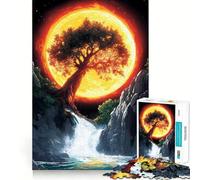 Rompecabezas de 1000 Piezas para Adolescentes Árbol y Cascada bajo una Luna ardiente Diseño Ingenioso Juego Divertido y Estimulante para el Tiempo Libre Decoración navideña para el hogar (38x52cm)