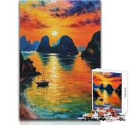 Rompecabezas de 1000 Piezas para Adolescentes: Atardecer en la bahía de Ha Long con velero, un pasatiempo Tranquilo y satisfactorio, Juguete de Corte de precisión Entrelazado, tamaño 38x26cm
