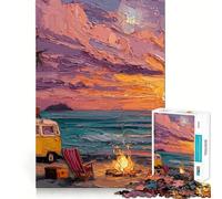 Rompecabezas de 1000 Piezas para Adolescentes Atardecer en la Playa con Furgoneta y fogata Diseño artístico de Corte Suave Juego Mental Ideal para Relajarse y divertirse en Navidad Arte