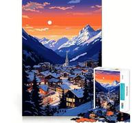 Rompecabezas de 1000 Piezas para Adolescentes Atardecer Suizo, Pueblo nevado, Ajuste, Juego, concentración, diversión, Ocio, Tiempo Libre, Arte de Pared navideño (38x52cm)