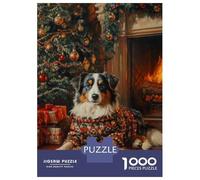 Rompecabezas De 1000 Piezas para Adolescentes Australian Shepherd Holiday Art Dog in Sweater by Christmas Tree Rompecabezas para Adultos Juguetes Antiestrés Análisis Y Lógica Cumple