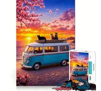 Rompecabezas de 1000 Piezas para Adolescentes Autobús en la Playa Juego de Ajuste Desafío Mental Juguete Momento de diversión y Calma Escena navideña Arte (50x75cm)