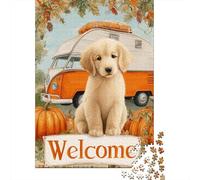 Rompecabezas De 1000 Piezas para Adolescentes Autumn Welcome Sign with Puppy Rompecabezas para Adultos Juego Familiar Análisis Y Lógica Actividades Divertidas En Casa 38x26cm/1000pcs