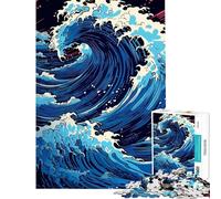 Rompecabezas de 1000 Piezas para Adolescentes Azul Oscuro Gran Ola Estilo Retro para Adultos Juegos relajantes para Mejorar la Memoria Regalos para Amigos y Familiares (tamaño 38x26cm)