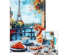 Rompecabezas de 1000 Piezas para Adolescentes Balcón Parisino con Gato y Croissant Rompecabezas para Adultos Juego de ingenio difícil Amigos y Familiares (tamaño 38x52cm)