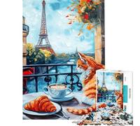 Rompecabezas de 1000 Piezas para Adolescentes Balcón Parisino con Gato y Croissant Rompecabezas para Adultos Juego de ingenio difícil Amigos y Familiares (tamaño 38x26cm)