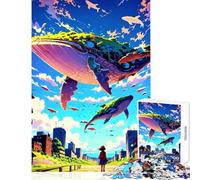 Rompecabezas de 1000 Piezas para Adolescentes Ballenas Volando sobre un Paisaje Urbano Juegos Familiares Un desafío difícil Juguetes antiestrés cumpleaños (38x26cm)