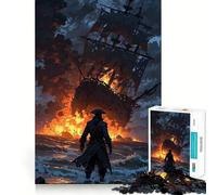 Rompecabezas de 1000 Piezas para Adolescentes Barco en Llamas y Pirata en la Orilla Juego de Ajuste Desafío Mental Juguete Momento de diversión Escena navideña Arte (38x52cm)