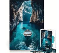 Rompecabezas de 1000 Piezas para Adolescentes Barco en una Cueva con Agua Turquesa Diversión con uniones Suaves,Regalo para ejercitar la Mente,Juego Relajante,Arte navideño para el Ocio 38x52cm