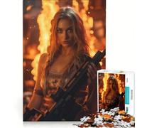 Rompecabezas de 1000 Piezas para Adolescentes: Belleza Rubia, Rifle y Fuego Juegos educativos Entrena tu Cerebro y Tus Manos Colección de Artistas Bellas Artes 38x26cm