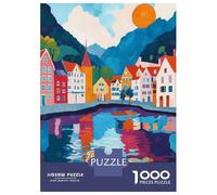 Rompecabezas De 1000 Piezas para Adolescentes Bergen, Norway Watercolor Rompecabezas para Adultos Juego De Ingenio Análisis Y Lógica Actividades Divertidas En Casa, 52x38cm/1000pcs