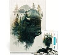 Rompecabezas de 1000 Piezas para Adolescentes Bisonte y Bosque,Doble exposición,articulaciones Suaves,diversión cognitiva,Juego Casual,Tiempo Libre,Regalo Festivo (38x52cm)
