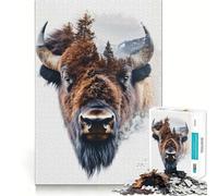 Rompecabezas de 1000 Piezas para Adolescentes Bisonte y Bosque,Doble exposición,Bordes Exactos,Arte,resolución de Problemas,Divertido Juego para Pasar un rato Agradable,decoración navideña (38x26cm)