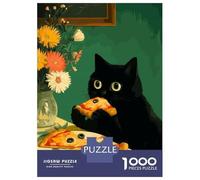 Rompecabezas De 1000 Piezas para Adolescentes Black Cat Eating Pizza Art Rompecabezas para Adultos Juegos Relajantes Desafío Difícil Diversión En Casa Actividades, 38x26cm/1000pcs