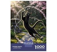 Rompecabezas De 1000 Piezas para Adolescentes Black Cat Playing in Cherry Blossoms Rompecabezas para Adolescentes Juguetes Antiestrés Patrón De Ensamblaje Desafío Educativo 70x50cm/1000pcs