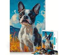 Rompecabezas de 1000 Piezas para Adolescentes Boston Terrier en un Paisaje Floral,Arte de Bordes precisos,Juguete para Entrenar la Mente,Juego para Pasar un rato Agradable,decoración navideña 38x26cm