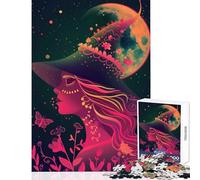 Rompecabezas de 1000 Piezas para Adolescentes: Bruja de neón bajo la Luna decoración del hogar Juguetes Ideas de Regalo Juego de ingenio con póster a Juego y Hoja de Trivia (tamaño 38x26cm)
