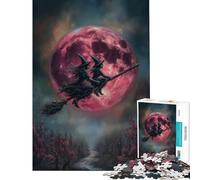 Rompecabezas de 1000 Piezas para Adolescentes Brujas Volando en Escoba con Luna roja Ayuda a ejercitar el Cerebro Juego Relajante y difícil Apto para Mayores de 14 años 38x52cm
