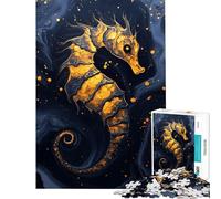 Rompecabezas de 1000 Piezas para Adolescentes Caballito de mar Dorado sobre Fondo Azul Oscuro Rompecabezas para Adultos Juegos relajantes decoración del hogar Regalos para Reducir el estrés (38x52cm)