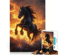 Rompecabezas de 1000 Piezas para Adolescentes Caballo Negro,Fuego,Puesta de Sol,articulaciones Suaves,diversión,Juego Mental,Regalo,Juego Relajante,Arte navideño para el Ocio 50x75cm