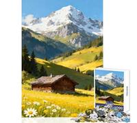 Rompecabezas de 1000 Piezas para Adolescentes: Cabaña Alpina en un Prado de Verano Juguetes antiestrés Regalo de cumpleaños Juego de ingenio con póster a Juego y Hoja de Trivia (tamaño 38x52cm)