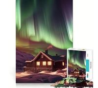 Rompecabezas de 1000 Piezas para Adolescentes Cabaña,Auroras Boreales,Arte de Corte Fino,Entrenamiento de concentración,Juego Divertido para Momentos de Tranquilidad, (38x26cm)