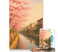 Rompecabezas de 1000 Piezas para Adolescentes Canal de cerezos en Flor en un Pueblo japonés Diseño de Corte Fino Juego de concentración Regalo Ideal para Momentos de Paz y Ocio en Navidad (38x26cm)