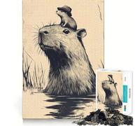 Rompecabezas de 1000 Piezas para Adolescentes Capibara con Sombrero y Amigo Juego de Ajuste Desafío Mental Juguete Momento de diversión Escena navideña Arte (50x75cm)