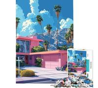 Rompecabezas de 1000 Piezas para Adolescentes Casa Rosa Estilo Palm Springs Difícil y desafiante Actividades Familiares Decoración del hogar Juguetes para Mayores de 14 años Juego ofrecido