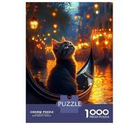 Rompecabezas De 1000 Piezas para Adolescentes Cat in Gondola, Venice at Night Rompecabezas para Adultos Juegos Relajantes Decoración del Hogar Actividades Divertidas En Casa 70x50cm/1000pcs