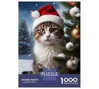Rompecabezas De 1000 Piezas para Adolescentes Cat Santa Hat Xmas Rompecabezas para Adultos Juegos Relajantes Corte De Precisión Cumpleaños 70x50cm/1000pcs