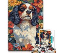 Rompecabezas de 1000 Piezas para Adolescentes Cavalier King Charles Spaniel en Flores, decoración de Pared, Juegos de relajación, Apto para Mayores de 14 años, 38x26cm