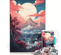 Rompecabezas de 1000 Piezas para Adolescentes Cerezos en Flor y montañas de Japón, Juego Imposible, interacción Entre Padres e Hijos, cumpleaños 38x52cm